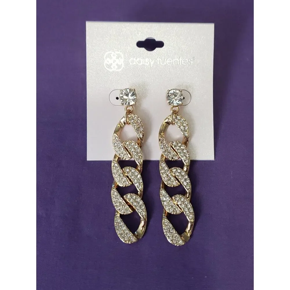 Daisy Fuentes Long Dangle Statement Earrings Gold Tone Clear Rhinestones New
